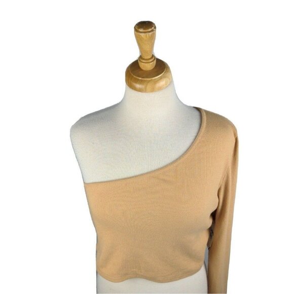 Open Edit Womens Crop Top One Shoulder Tan Ochre Ribbed Knit Size L NEW - Picture 12 of 12